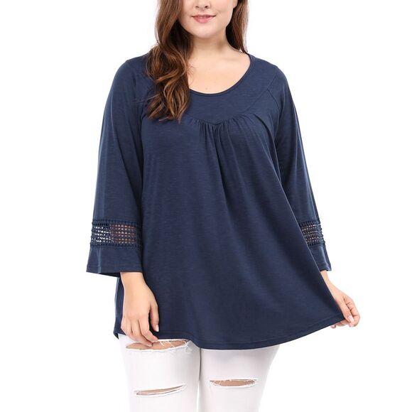 Women's Plus Size Crochet Panel Kimono Raglan Sleeves Tops Blue - Picture 2 of 6
